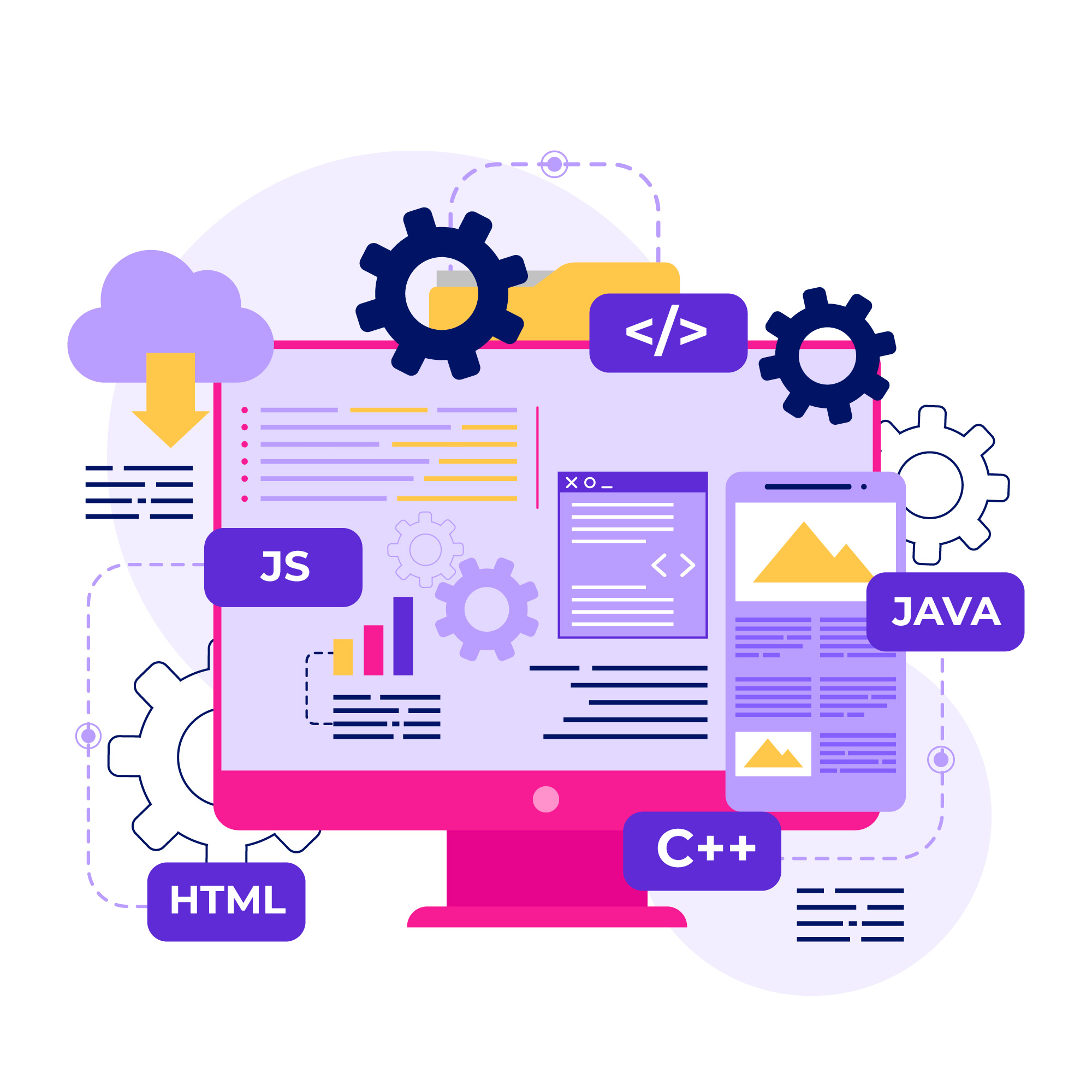 Modern workspace showcasing GreenITCo's web app development services, featuring a laptop with a web app interface, technology icons, and devices for responsive design.