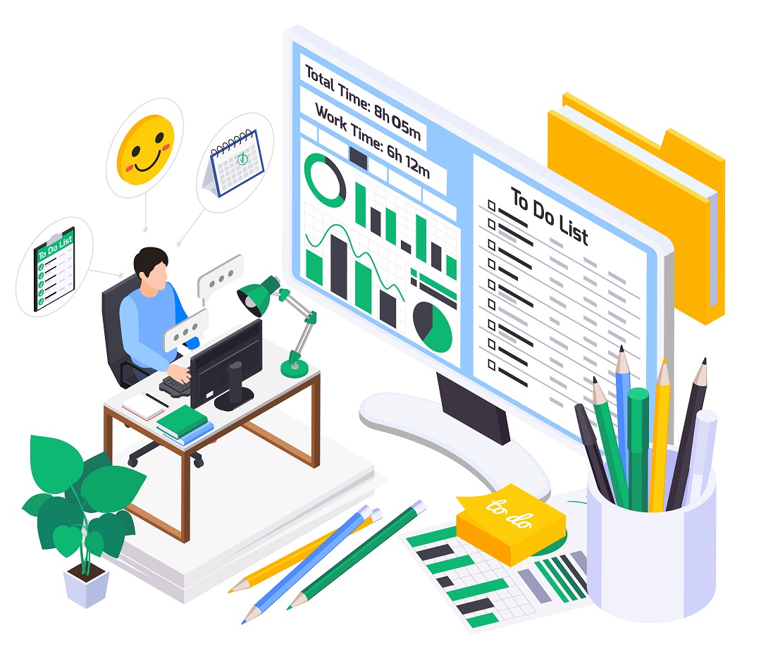 An illustration depicting various ticketing tools and features. A central ticket icon is surrounded by icons representing ticket creation, assignment, status tracking, priority setting, and communication channels.